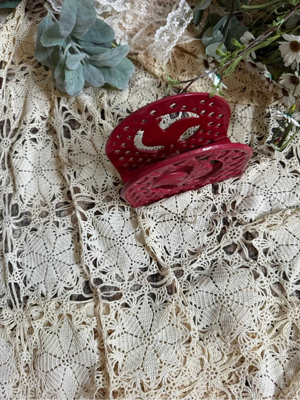 Vintage Red Cast Iron Rooster Napkin Holder